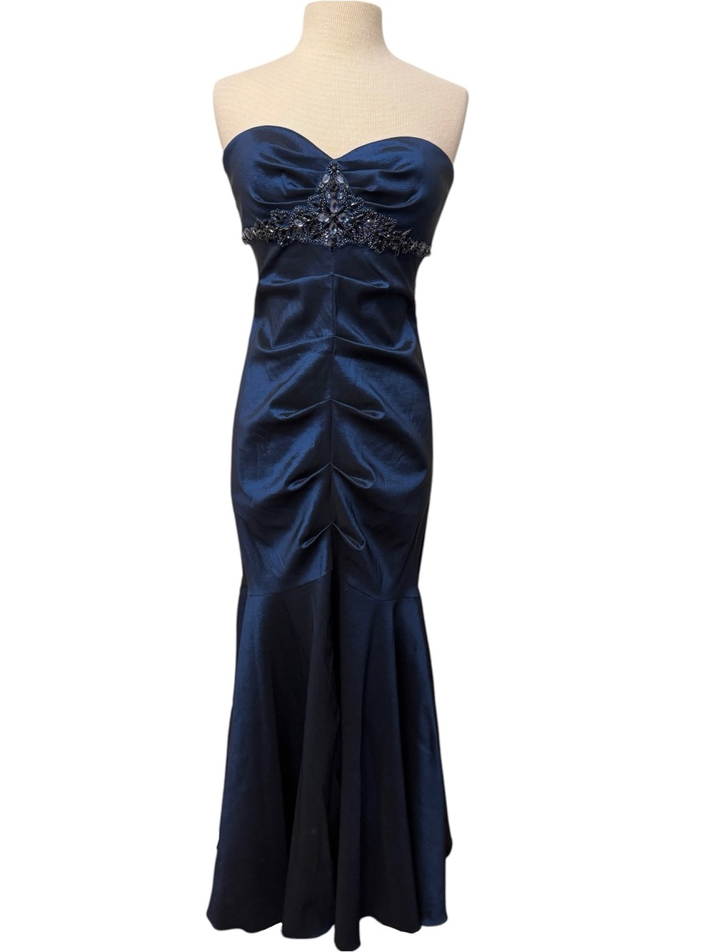 Cache Vintage Y2K Navy Blue Strapless Beaded Mermaid Gown Dress Size 12